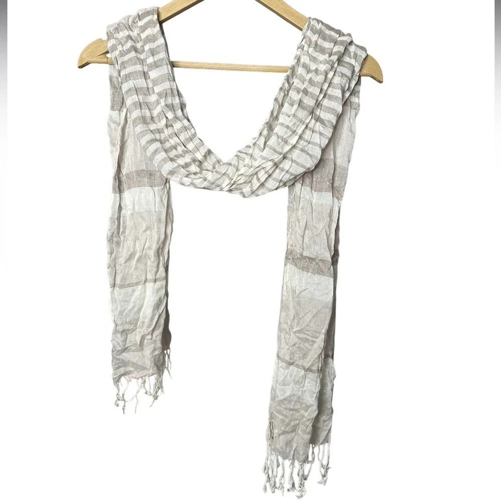 Gianmarco Venturi | Beige Stripe Lightweight Scarf 100% Viscose Fringe Wrap